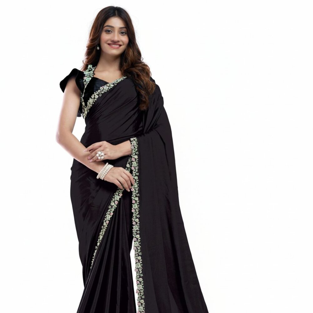 Elegant Pure Crepe Silk Black Saree with Intricate Embroidery